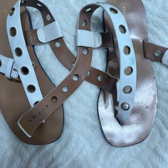 Celine White Leather Grommet Sandals 37.5 Flat Ankle Strap Made in Italy - Picture 11 of 16